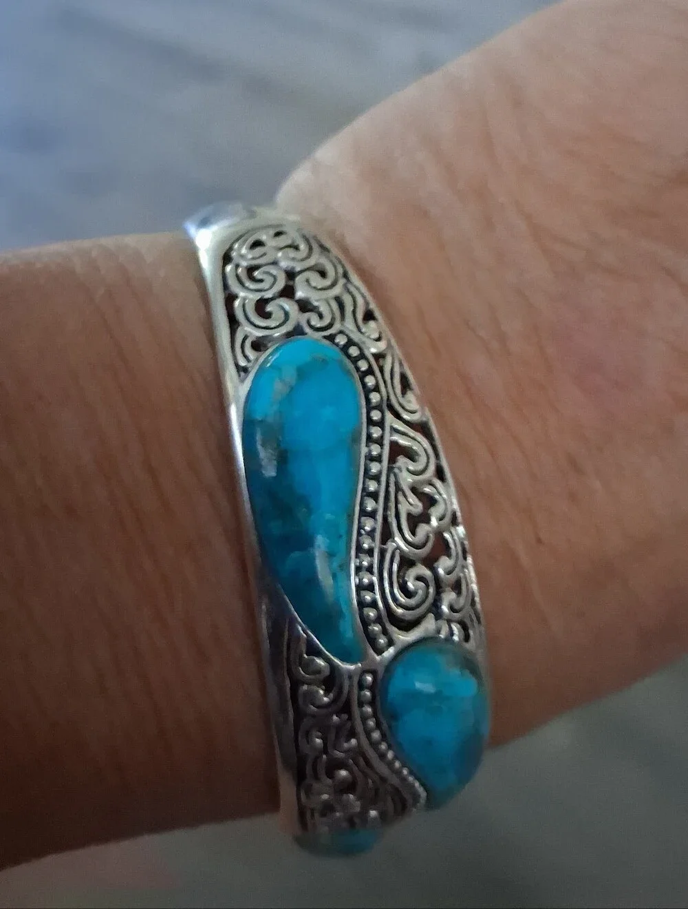 .925 Sterling Silver Natural Turquiose Filigree Cuff Bracelet